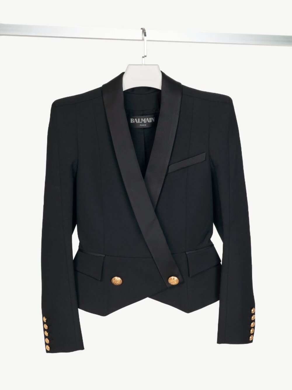 Balmain Black Wool-Twill Double-Breasted Cropped Peplum Blazer